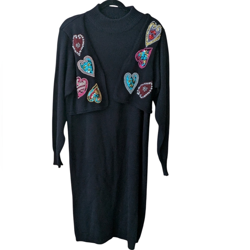 Vintage Plain Jane 80s Black Embellished Heart Sequin Sweater‎ Dress Size Large